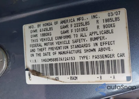 2007 Honda Accord 2.4 Ex из США, поврежденный, VIN 1HGCM56857A124153